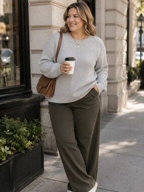 Chunky Knit Crewneck Sweater - Light Gray Braided Detail Curve Fit 3XL